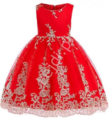 Czerwona sukienka dla dziewczynki ze złotym haftem na tiulu