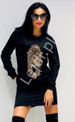 Czarna sukienka z kryształkowym leopardem 5064