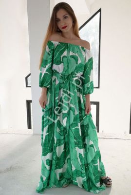 Zwiewna sukienka z odkrytymi ramionami, biała w zielone liście, klara