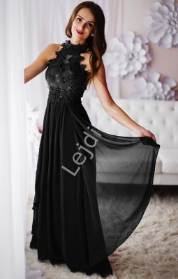 Czarna suknia wieczorowa z kwiatami 3d