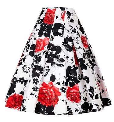 Rozkloszowana spódnica w czarno czerwone kwiaty | biała spódnica retro pin-up