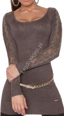 Tunika z dzianiny  mokka - sweter z kryształkami | swetry damskie 8077