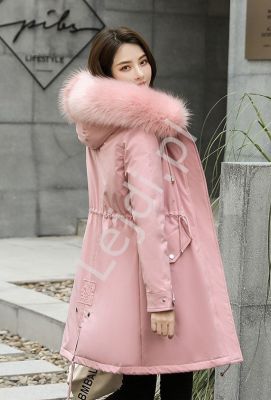 Pudrowo różowa kurtka damska, parka damska z misiem 1445