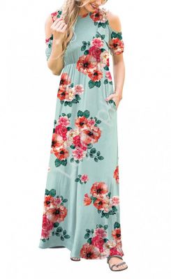Miętowa sukienka letnia w kwiaty z falbankami na ramionach 3519