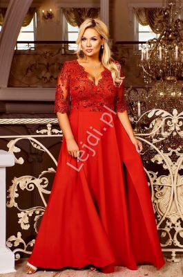 Czerwona wieczorowa suknia w dużych rozmiarach, zdobiona koronką i cekinami - crystal 3/4