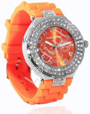 Damski zegarek z pomarańczowym paskiem, zdobiony cyrkoniami