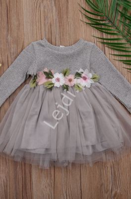 Sukienka dla dziewczynki z haftowanymi kwiatkami i tiulową spódniczką, szara tutu dress 024