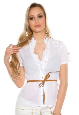 Damska koszula bawełniana z krótkim rękawkiem, zdobiona jetami | biała elegancka bluzka koszulowa 60
