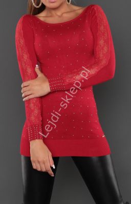 Czerwona elegancka swetrowa tunika z dżetami i koronką, 8051