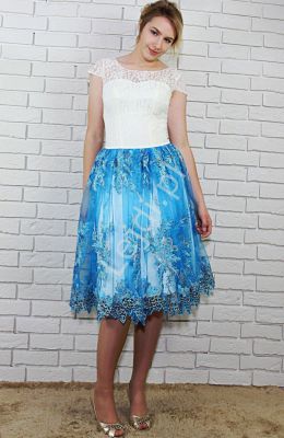Sukienka wieczorowa z koronkową górą i błękitnym tiulowym dołem | krótkie  na studniówkę, wesele - g