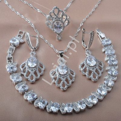 Przepiękny komplet biżuterii posrebrzanej z kryształkami, naszyjnik, bransoletka, kolczyki i pierści