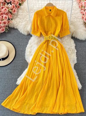 Żółta sukienka plisowana sukienka w groszki 4147