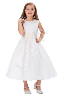 Dziecięca biała sukienka z perełkami na komunię zdobiona koronką