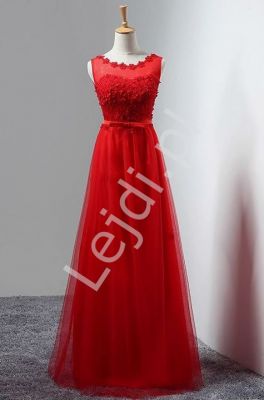 Czerwona elegancka sukienka wieczorowa zdobiona kwiatkami - kirsten