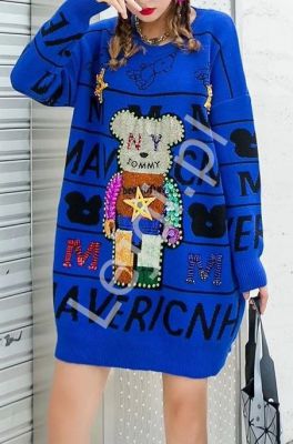 Niebieski luksusowy sweter z mega zdobieniem , kryształkowy miś, cekiny