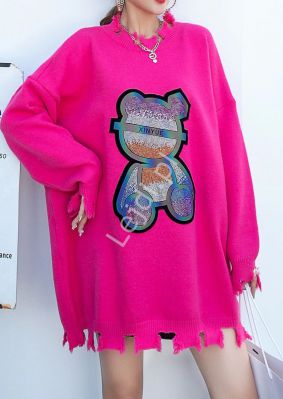 Różowy sweter z misiem z kryształków , uniwersalny r.36 - plus size