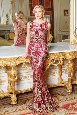 Fenomenalna suknia wieczorowa o kroju syreny, czerwona w złoto czerwone cekinowe wzory, by stephanie