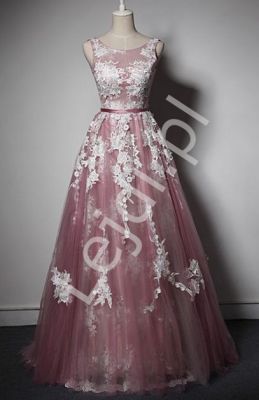Oryginalna suknia wieczorowa tiulowa, w kolorze brudnego różu z białą koronką - anastazja
