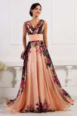 Sukienka w kwiaty koralowo różowa, kwiatowa elegancka na wesele, studniówki dla mamy