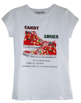 Biała koszulka damska z trampkami z kryształkami candy shoes