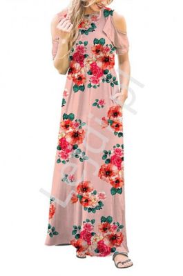 Różowa sukienka maxi w kwiaty z falbankami na ramionach 3519