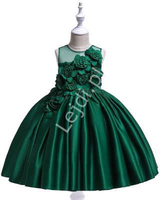 Butelkowo zielona sukienka dla dziewczynki z satynobawełny z kwiatami 3d 068
