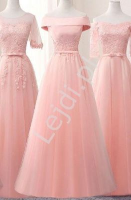 Tiulowa różowa suknia wieczorowa z koronką i delikatnie odsłoniętymi ramionami