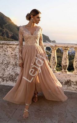 Fenomenalna sukienka na wesele, dla druhny w kolorze jasnego karmelu, adel