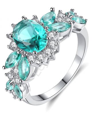 Srebrny pierścionek z kryształkami w kolorze turkusowym z cyrkoniami