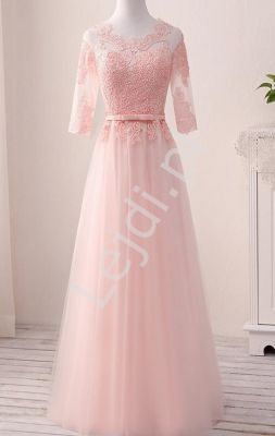Różowa suknia tiulowa zdobiona gipiurową koronką donna