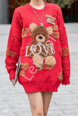 Czerwony sweter z futerkowymi misiami oraz kryształkami  premium luxury