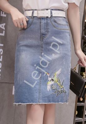 Midi spódnica jeansowa z żurawiem 216