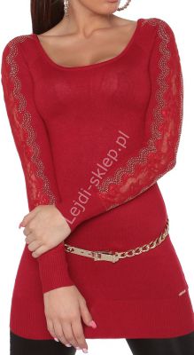 Czerwona tunika z dzianiny  - sweter z kryształkami |  czerwone swetry damskie 8077