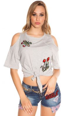 Szara koszulka wiązana w talii z odkrytymi ramionami i naszywkami z kwiatowym haftem