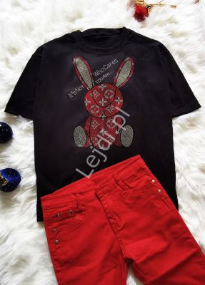 T-shirt who cares z kryształkowym królikiem czarny