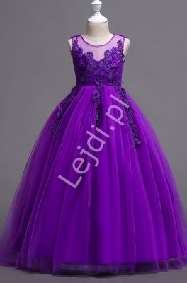 Fioletowa sukienka dla dziewczynki z kwiatkami i kryształkami 832