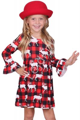 Świąteczna sukienka dla dziewczynki z reniferami w czerwoną kratę
