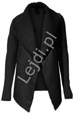 Czarny dziergany sweter - narzutka z kożuszkiem
